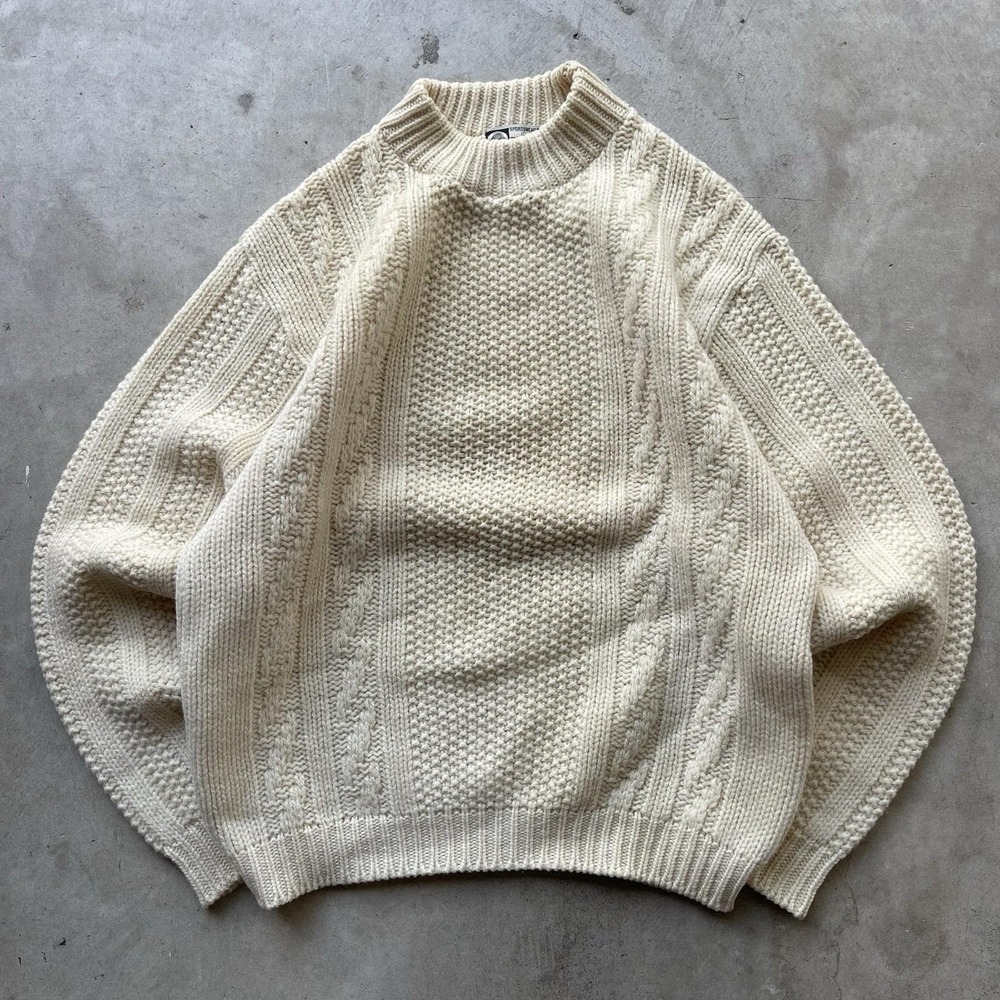 Vintage 70s Revere Aran Sweater Wool Fisherman Cable Hand Knit Ivory Size L